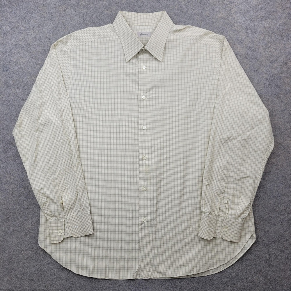 Brioni Dress Shirt Mens XXL Beige Check Classic Fit 100% Cotton Long Sleeve‎
